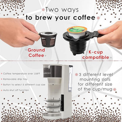 Mixpresso White Single Serve Coffee Brewer K-Cup Pods Compatible & Ground, 30 oz Compact Coffee Maker Single Serve With 5 Brew Sizes Up To 14 Oz, Fits Travel Mug, Adjustable Drip Tray