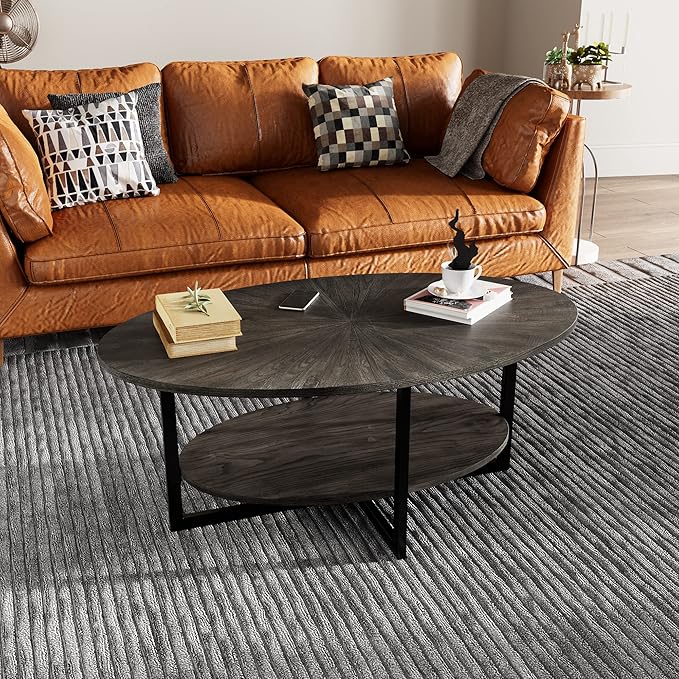 Solid Wood Oval Coffee Table with Cross Metal Legs, 43.3in Modern Industrail Center Table with Open Shelf Cocktail Tea Table for Living Room Bedroom, Rustic Black 1811BK