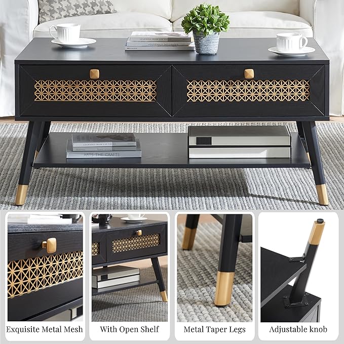 Mid Century Modern Black Coffee Table with Storage Drawers & Open Shelf, Solid Wooden Boho Rectangle Table with Metal Legs Designed for Living Room, Office, Lounge. Black Color with Golden Decor