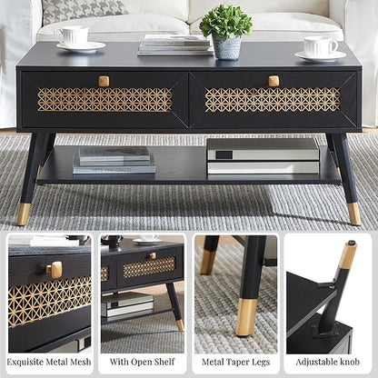 Mid Century Modern Black Coffee Table with Storage Drawers & Open Shelf, Solid Wooden Boho Rectangle Table with Metal Legs Designed for Living Room, Office, Lounge. Black Color with Golden Decor