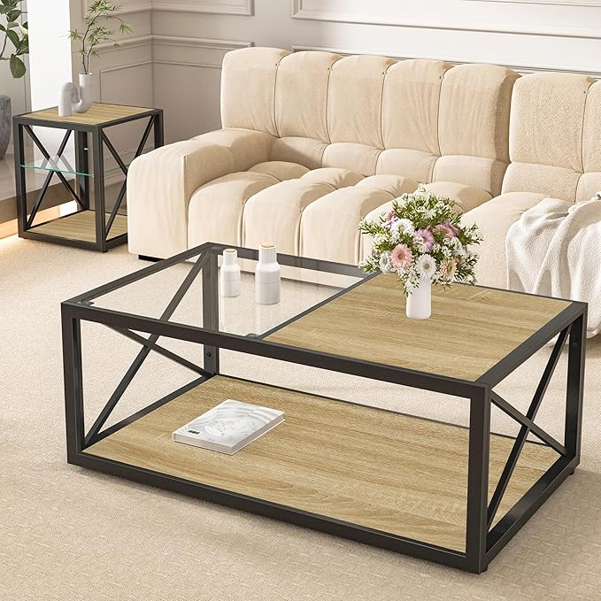 Rustic Coffee Table Set of 3, End Table Mordern Living Room Table Set with Tempered Glass Top Splicing Wood MDF, Black Metal Frame Industrial Style, Natural