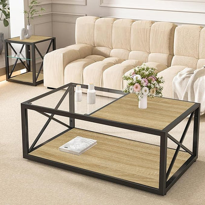 Rustic Coffee Table Set of 3, End Table Mordern Living Room Table Set with Tempered Glass Top Splicing Wood MDF, Black Metal Frame Industrial Style, Natural