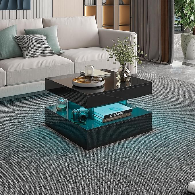 Small Black Led Coffee Table for Living Room, 23.6" Wood Square 2-Tier Storage Modern Center Table, Modern High Glossy Wooden Coffee Tables for Small Space