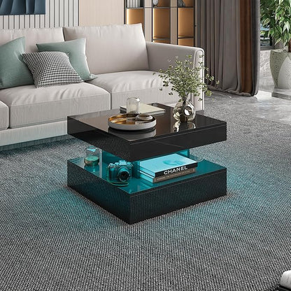 Small Black Led Coffee Table for Living Room, 23.6" Wood Square 2-Tier Storage Modern Center Table, Modern High Glossy Wooden Coffee Tables for Small Space