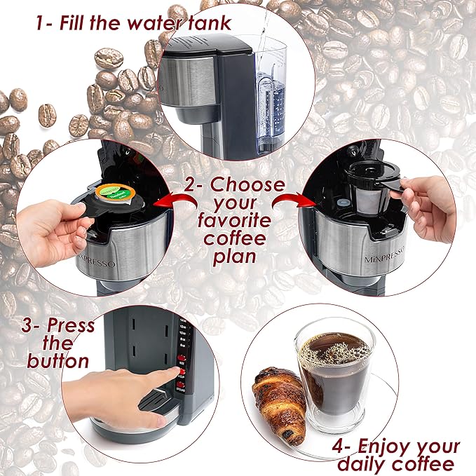 Mixpresso Gray Single Serve Coffee Brewer K-Cup Pods Compatible & Ground, 30 oz Compact Coffee Maker Single Serve With 5 Brew Sizes Up To 14 Oz, Fits Travel Mug, Adjustable Drip Tray