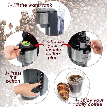 Mixpresso Gray Single Serve Coffee Brewer K-Cup Pods Compatible & Ground, 30 oz Compact Coffee Maker Single Serve With 5 Brew Sizes Up To 14 Oz, Fits Travel Mug, Adjustable Drip Tray