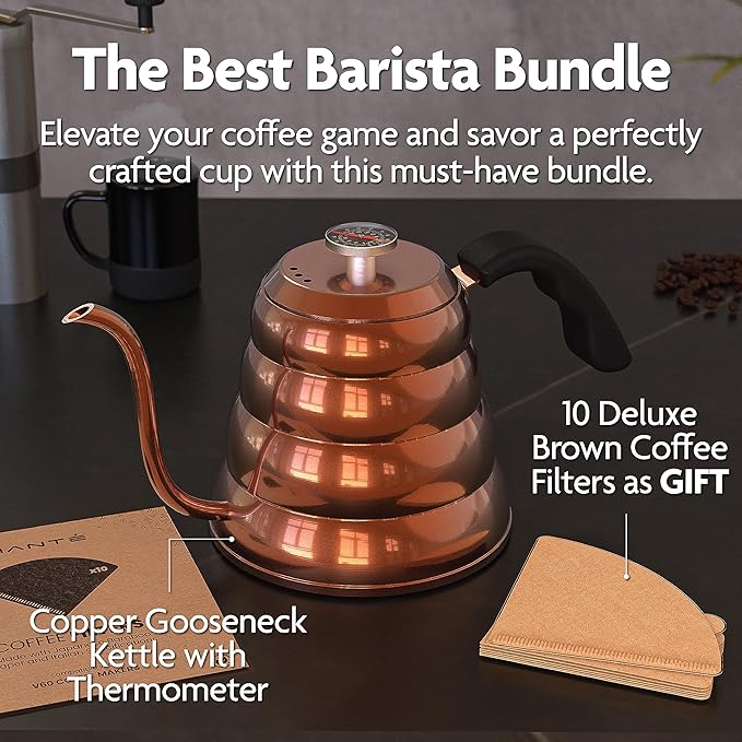 Vianté Gooseneck Stovetop Pour Over Coffee Kettle with Thermometer for Drip Coffee and Tea. Premium Copper Stainless Steel. 40 fl oz. All Coocktops.