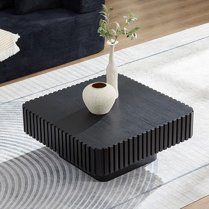 Square Wood Coffee Table for Living Room Modern Drum Wooden Fluted Handcraft Center Tea Cocktail Small Space, Easy Assembly 31.5" W x13.77 H Black