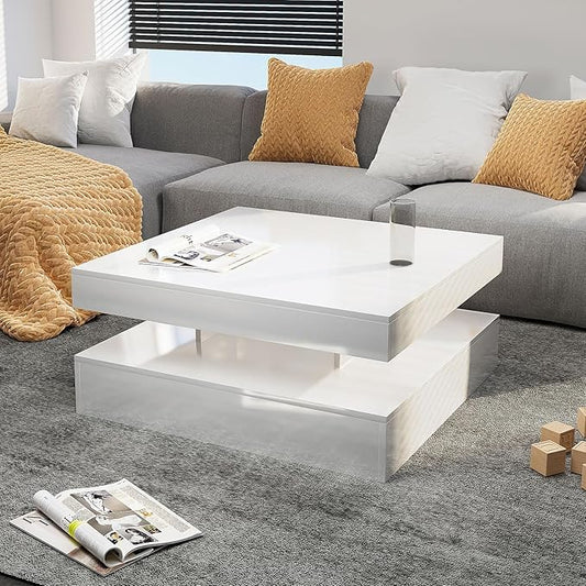 LED Coffee Table for Living Room, Living Room Table 2-Tier Square Center Table, Modern High Glossy Wood Coffee Tables with Storage, 15.7" Tall Tables for Dining Reception, White