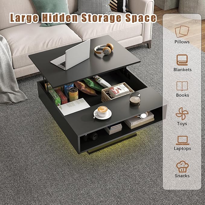30.7" Lift Top Coffee Table with Storage, Square Black Led Coffee Table with Large Hidden Storage, Wood Living Room Table Led Center Table for Dining Reception Room
