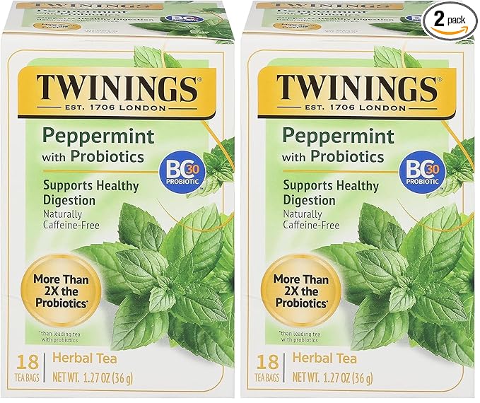 Twinings Superblends Probiotics+ Peppermint & Fennel Herbal Tea, 250 Million CFUs per Cup, 18 Tea Bags (Pack of 2), Naturally Caffeine-Free, Enjoy Hot or Iced