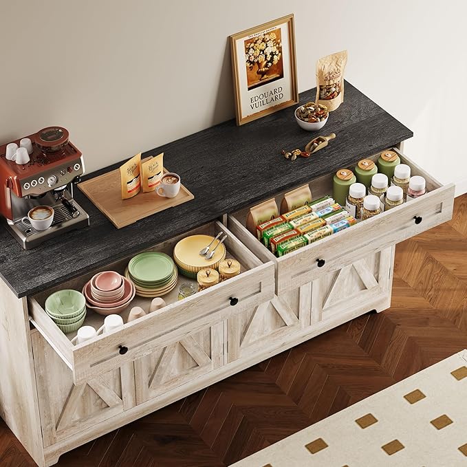 IRONCK Buffet Cabinet with Storage, Sideboard Storage Cabinet, Kitchen Cabinet with Drawers and Doors, Charcoal Grey and Beige Maple