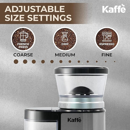 Kaffe Electric Burr Coffee Grinder (5.5oz) w/Adjustable Precise Coarseness Settings - Flat Burr - [Improved Motor] - Precision Coffee Bean Grinder for Home Use - Stainless Steel
