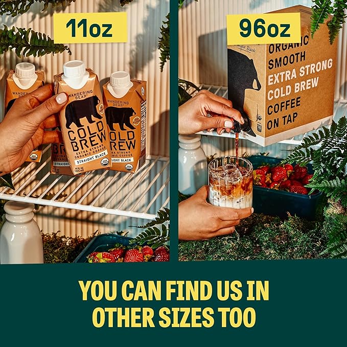 Wandering Bear Organic Cold Brew Coffee, Variety Pack, 32 fl oz (3pk - Black, Mocha, Vanilla) - Extra Strong, Bold, Smooth, Unsweetened, Shelf-Stable, Ready to Drink, Iced Cold Brewed Coffee Drinks