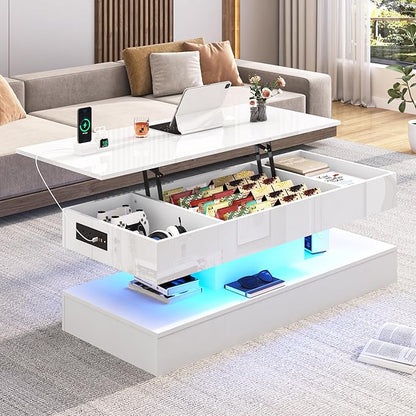 47.2" Large Lift Top Coffee Table,Modern High Glossy LED Coffee Tables for Living Room with Storage Drawer,White Living Room Tables for Livingroom,Dining Room,Bedroom Home Office(White)