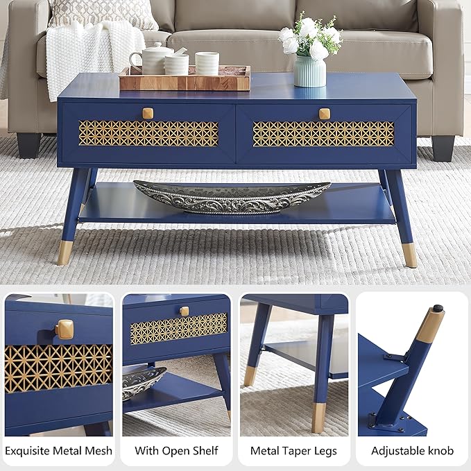 JYED Mid Century Wood Modern Coffee Table with Metal Mesh Decorated Storage Drawers,Blue Accent Center Table with Open Shelf,Rectangular Table for Living Room