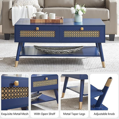 JYED Mid Century Wood Modern Coffee Table with Metal Mesh Decorated Storage Drawers,Blue Accent Center Table with Open Shelf,Rectangular Table for Living Room