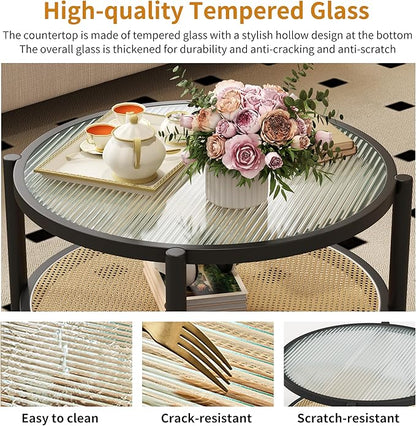 Rattan Round Coffee Table for Living Room, 32" Boho Circle Table with Tempered Glass Desktop Rustic Solid Wood Farmhouse Accent Center Storage Table (Black, 31.5" D x 31.5" W x 17" H)