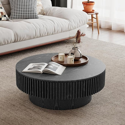 31.5 Inch Round Drum Coffee Table with Storage, Modern Handcraft Fluted Drum Coffee Table, Wooden Round Coffee Table Center Table with Sturdy Pedestal for Living Room Apartment (Black)