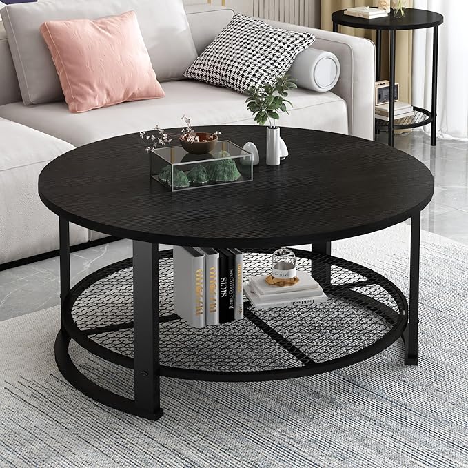 DKLGG 3 Pieces Black Coffee Tables for Living Room Table Sets, Round Wooden Coffee Table 3-Piece, Coffee and End Tables with Open Storage for Apartment Home Office, Small Spaces (Black)