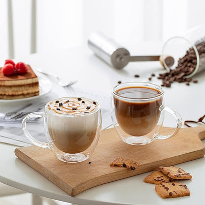 CNGLASS 8.5oz Glass Coffee Mug,Double Wall Insulated Glass Mugs with Handle,Clear Espresso Mugs for Latte,Cappuccino,Tea Bag,Set of 4