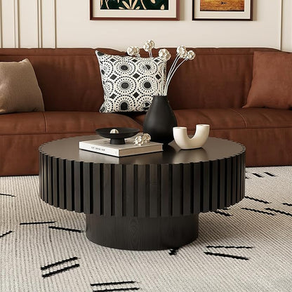 31.5" Round Drum Coffee Table, Modern Handcraft Fluted Drum Center Table, Wooden Round Coffee Table Center Table with Sturdy Pedestal for Living Room Apartment (Black)