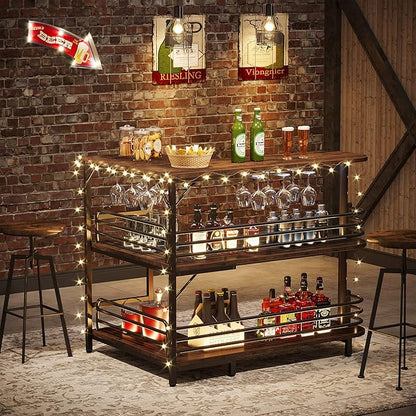 Tribesigns L-Shaped Home Bar Unit, 3 Tier Liquor Table With Storage Shelves and Wine Glasses Holder, Industrial Corner Wine Cabinet Mini Bar for Home Kitchen Pub, Rustic Brown