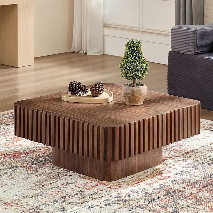 Square Wood Coffee Table for Living Room Modern Drum Wooden Fluted Handcraft Center Tea Cocktail Small Space, Easy Assembly 31.5" W x13.77 H Walnut