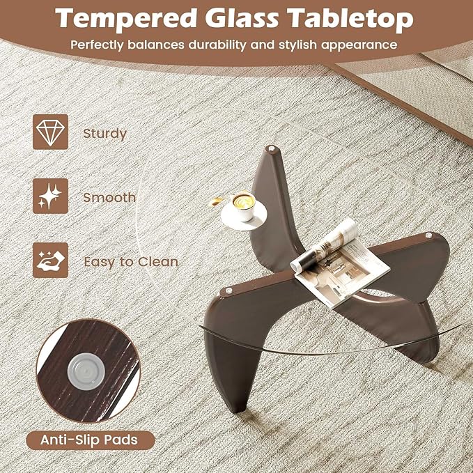 Tangkula Triangle Glass Coffee Table, Mid-Century Modern Center Table with Tempered Glass Top & Adjustable Rubber Wood Base, Small Coffee Table for Small Spaces, Living Room & Reception Room (Walnut)