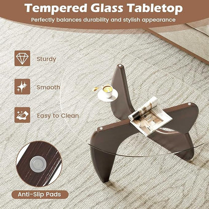 Tangkula Triangle Glass Coffee Table, Mid-Century Modern Center Table with Tempered Glass Top & Adjustable Rubber Wood Base, Small Coffee Table for Small Spaces, Living Room & Reception Room (Walnut)