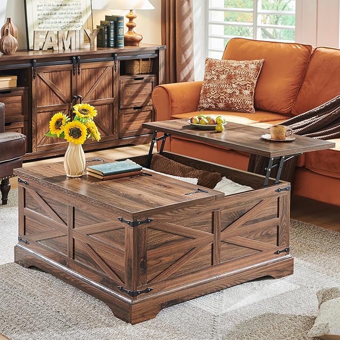 JXQTLINGMU Farmhouse Lift Top Coffee Table with Storage, 36" Wood Square Center Table with Large Hidden Compartment, Rustic Lift Tabletop Dining Table for Home Living Room, Brown