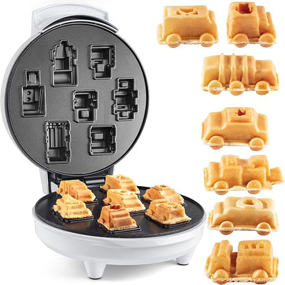 Cars & Trucks Mini Waffle Maker - Make 7 Different Vehicles- Police Car Firetruck Construction Truck & Automobile Shaped Pancakes- Electric Nonstick Iron with Recipe Guide, Fun Kid or Adult Xmas Gift