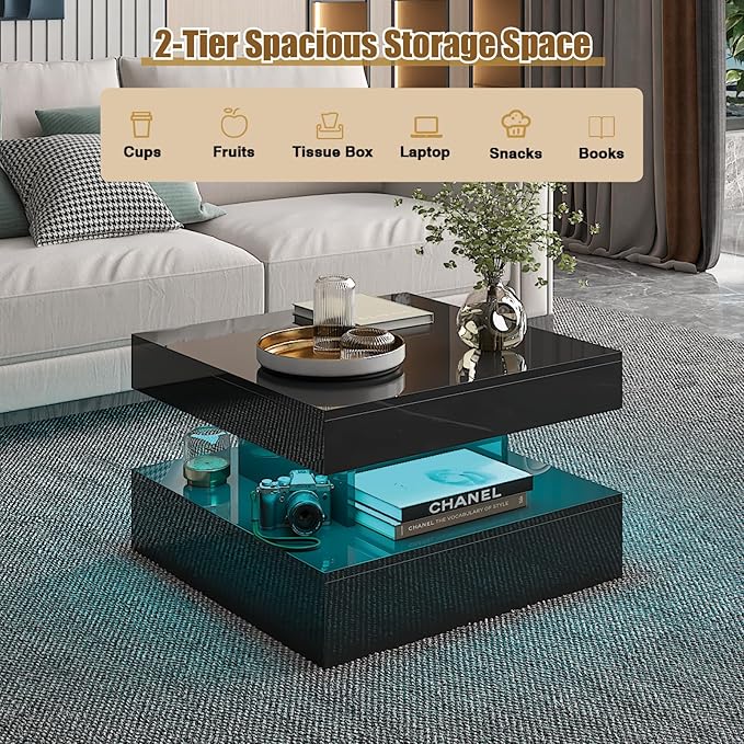 Small Black Led Coffee Table for Living Room, 23.6" Wood Square 2-Tier Storage Modern Center Table, Modern High Glossy Wooden Coffee Tables for Small Space