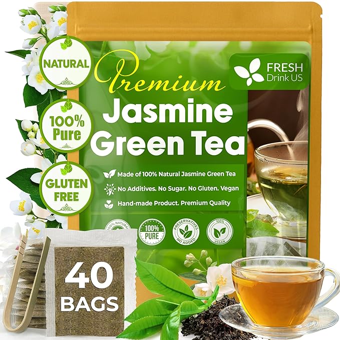 FreshDrinkUS, Premium 40 Jasmine Green Tea Bags, 100% Natural & Pure from Jasmine Green Herbal Tea. Made with Natural Material Tea Bags. No Sugar, No Gluten, Vegan.