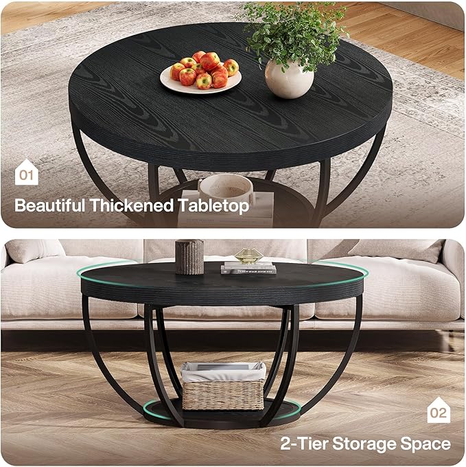 Tribesigns Black Round Coffee Table, 31.7" Modern 2-Tier Circle Coffee Table with Storage Shelves, Accent Cocktail Table Center Table for Living Room