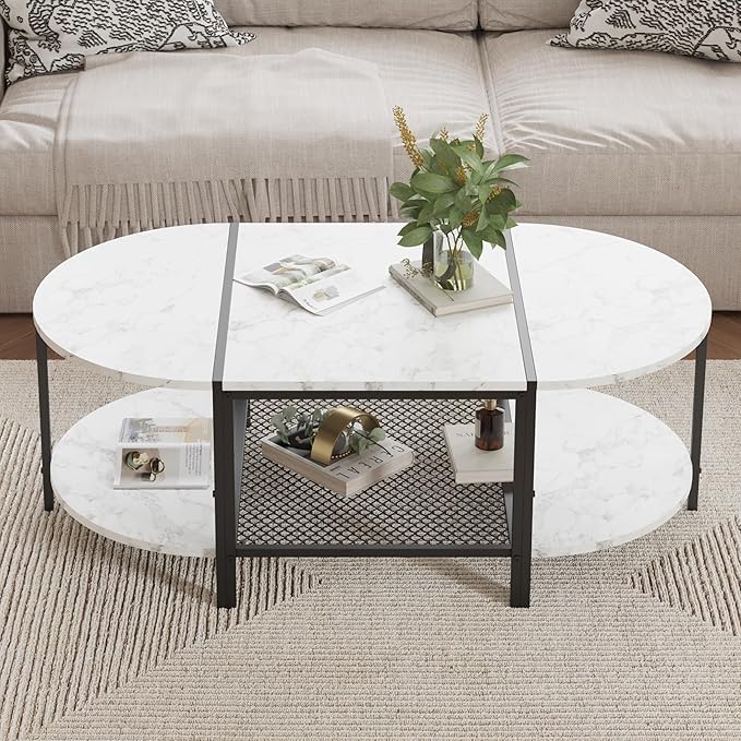 SENIG Oval Coffee Table with Faux Marble Top, 2-Tier Storage Shelf and Metal Frame, Living Room Center Table Modern, White Marble Finish