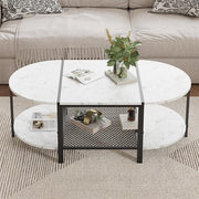 SENIG Oval Coffee Table with Faux Marble Top, 2-Tier Storage Shelf and Metal Frame, Living Room Center Table Modern, White Marble Finish