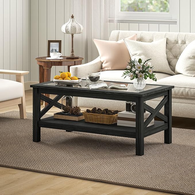HOMCOM Glass Coffee Table, Modern Farmhouse Center Table with Storage, Side Table for Living Room with Classic X-Bar Style Sides, Black