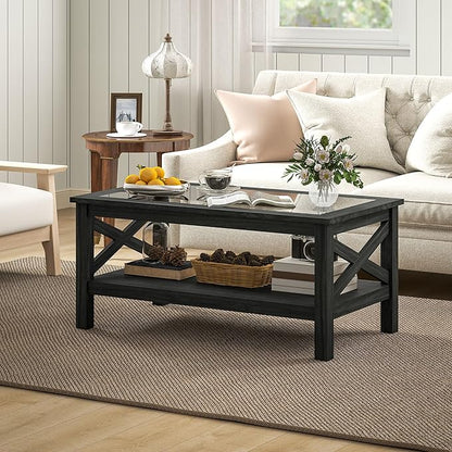 HOMCOM Glass Coffee Table, Modern Farmhouse Center Table with Storage, Side Table for Living Room with Classic X-Bar Style Sides, Black