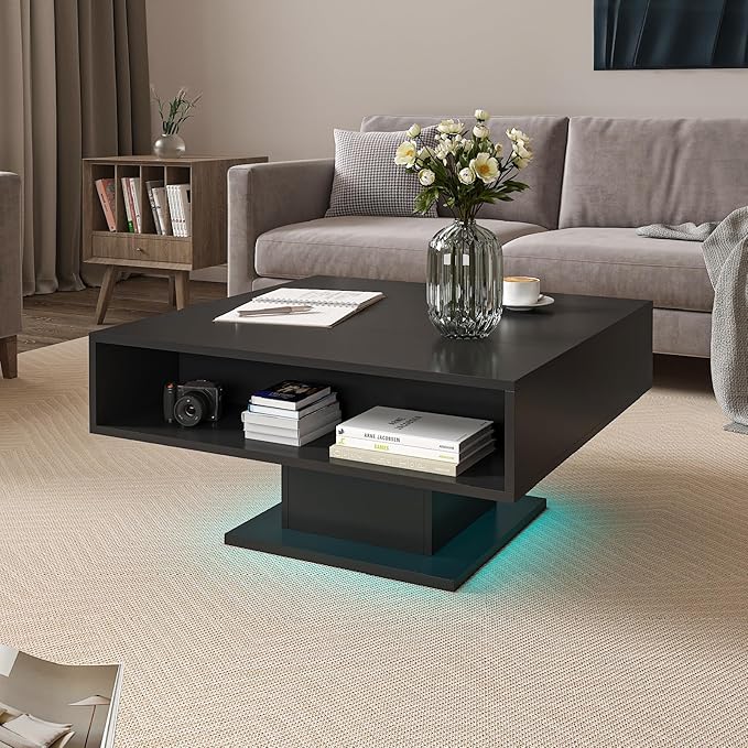 30.7" Lift Top Coffee Table with Storage, Square Black Led Coffee Table with Large Hidden Storage, Wood Living Room Table Led Center Table for Dining Reception Room