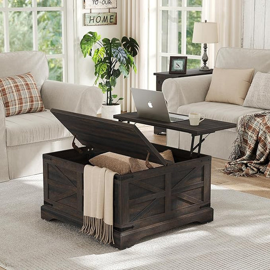 Furnideco Square Coffee Table with Storage Farmhouse Coffee Table with Lifting Top Modern Wood Center Table for Living Room Home Office, Dark Brown