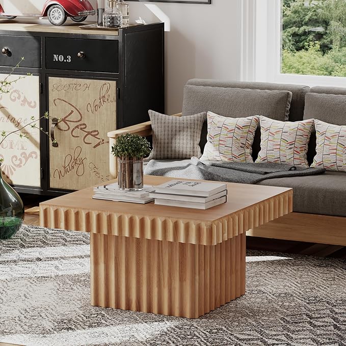 Modern Square Fluted Wood Coffee Table with Natural Oak Finish, Geometric Accent Table Chunk Table for Living Room, Sturdy Rectangular Minimalist Centerpiece, Brown, Farmhouse