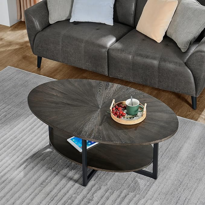 Solid Wood Oval Coffee Table with Cross Metal Legs, 43.3in Modern Industrail Center Table with Open Shelf Cocktail Tea Table for Living Room Bedroom, Rustic Black 1811BK