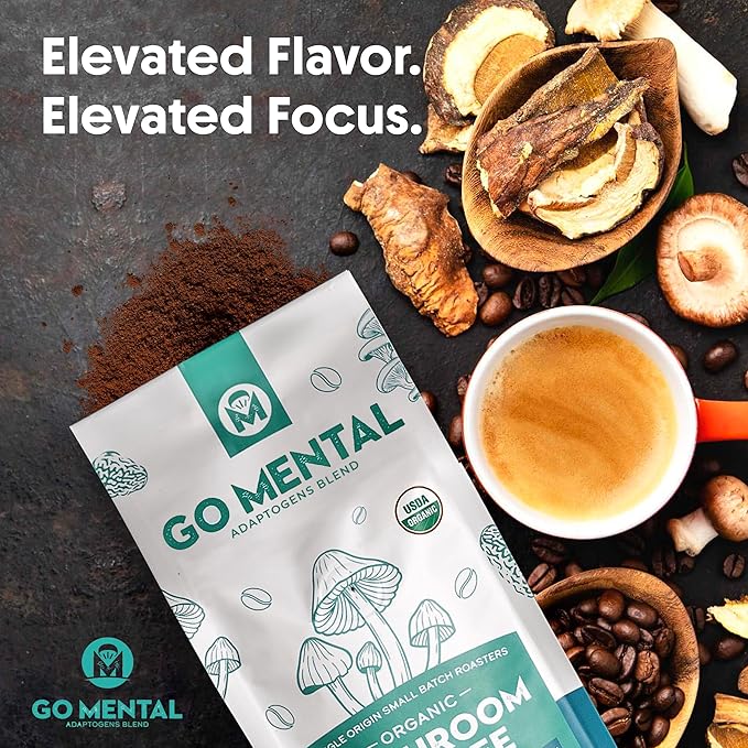 Organic Lion's Mane & Chaga Mushroom Coffee Ground Dark Roast, Full Fruiting Bodies, For Enhanced Brain Function, Immune Support, Wellbeing Grade 1 Single Origin, 12oz - Ground