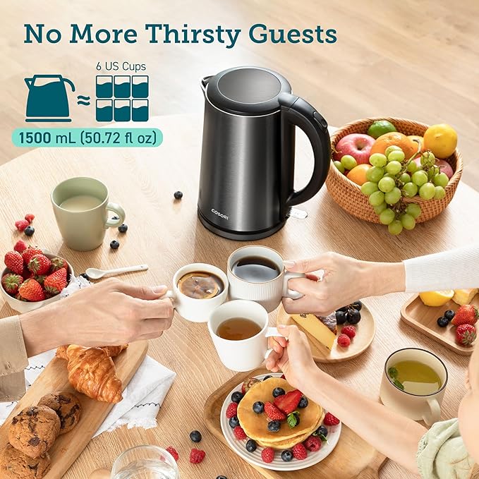COSORI Electric Kettle, Cool-Touch Double Wall Stainless Steel Insulated, Automatic Shut Off & Boil-Dry Protection, Durable Tea Kettle Boiler & Heater, 1.5L/1500W, Black