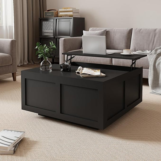 Lift Top Coffee Table with Storage, 31.5" Square Black Coffee Table with Large Hidden Storage, Wood Living Room Table Center Table for Living Room Dining Reception Room