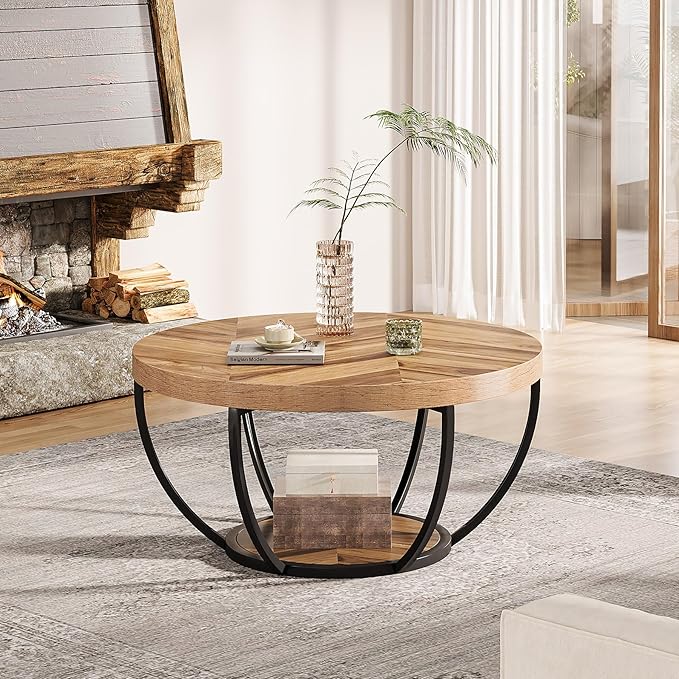 Tribesigns 31.7" Round Industrial Coffee Table with 2-Tier Storage Shelves, Modern Wood & Black Metal Accent Center Table for Living Room, Home Office – Easy Assembly