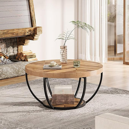 Tribesigns 31.7" Round Industrial Coffee Table with 2-Tier Storage Shelves, Modern Wood & Black Metal Accent Center Table for Living Room, Home Office – Easy Assembly