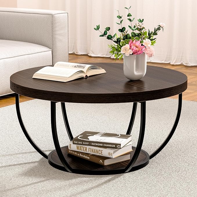 Round Coffee Table, 31" Coffee Table for Living Room Decor, 2-Tier Storage with Steel Frame, Space-Saving Wood Center Table, Modern Style Easy Assembly (Dark Coffee)