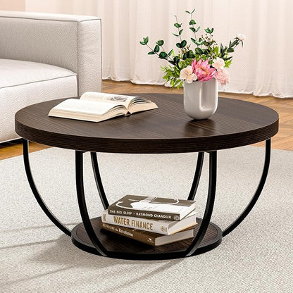 Round Coffee Table, 31" Coffee Table for Living Room Decor, 2-Tier Storage with Steel Frame, Space-Saving Wood Center Table, Modern Style Easy Assembly (Dark Coffee)